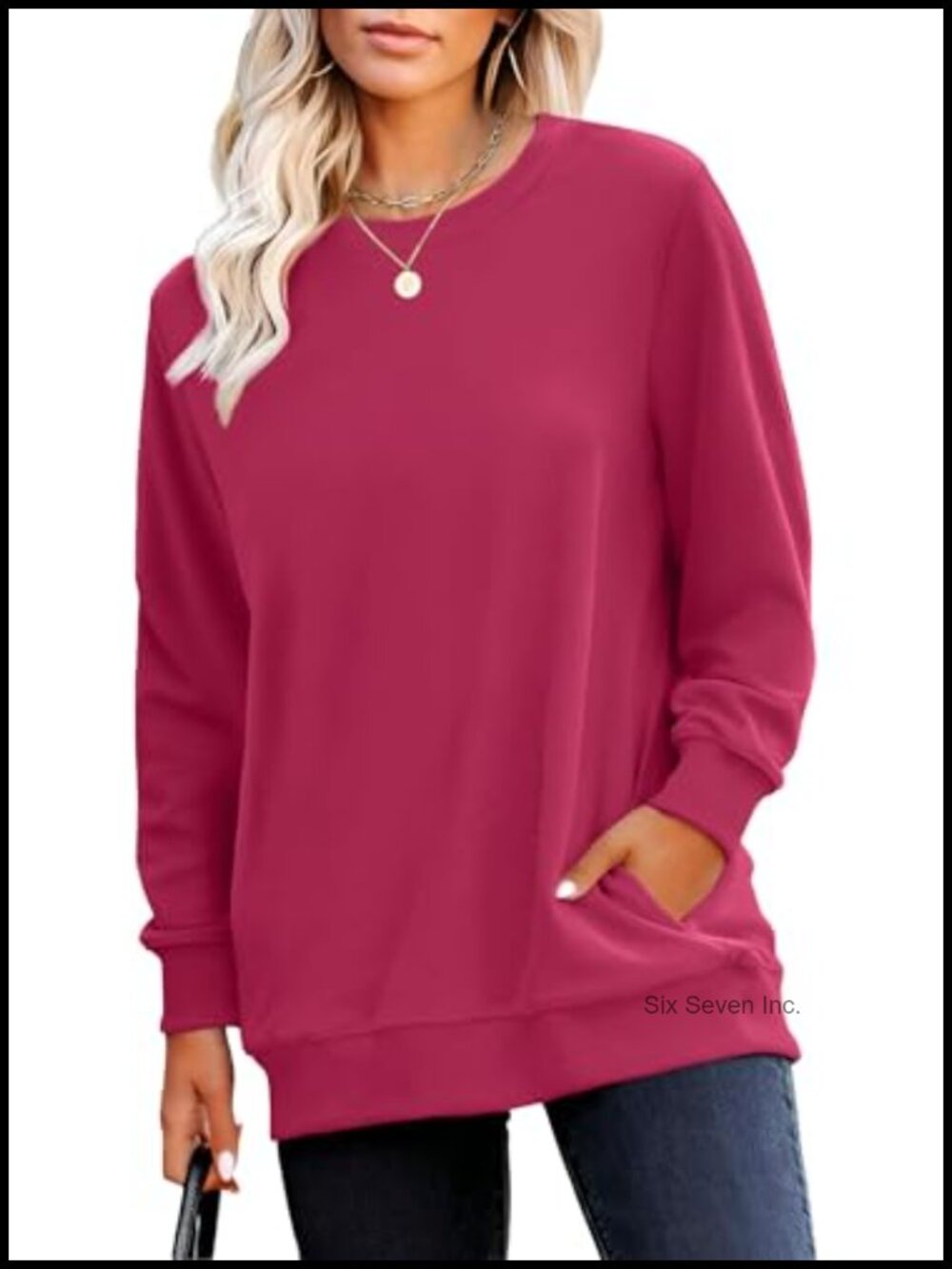 Crewneck Sweatshirt Long Sleeve Pullover with Pockets Tunic Length